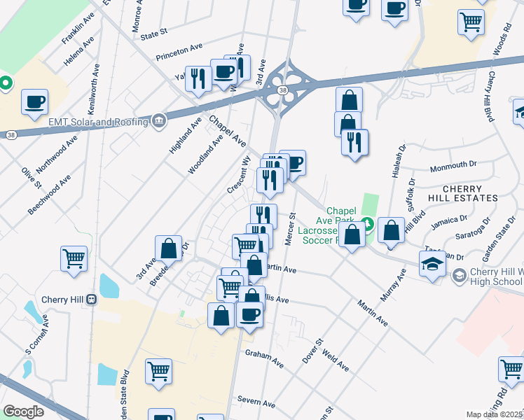 map of restaurants, bars, coffee shops, grocery stores, and more near 599 Haddonfield Road in Cherry Hill
