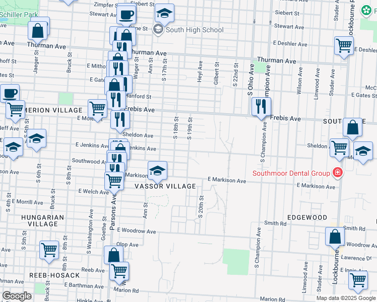 map of restaurants, bars, coffee shops, grocery stores, and more near E Jenkins Ave & S 19th St in Columbus