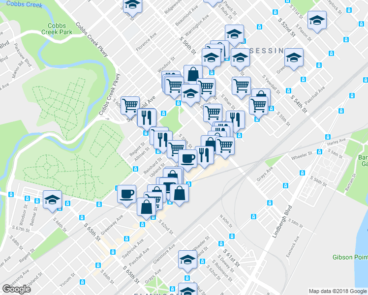map of restaurants, bars, coffee shops, grocery stores, and more near 2041 South Redfield Street in Philadelphia