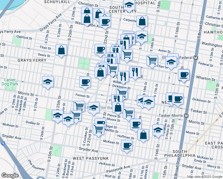 map of restaurants, bars, coffee shops, grocery stores, and more near 1520 South Lambert Street in Philadelphia