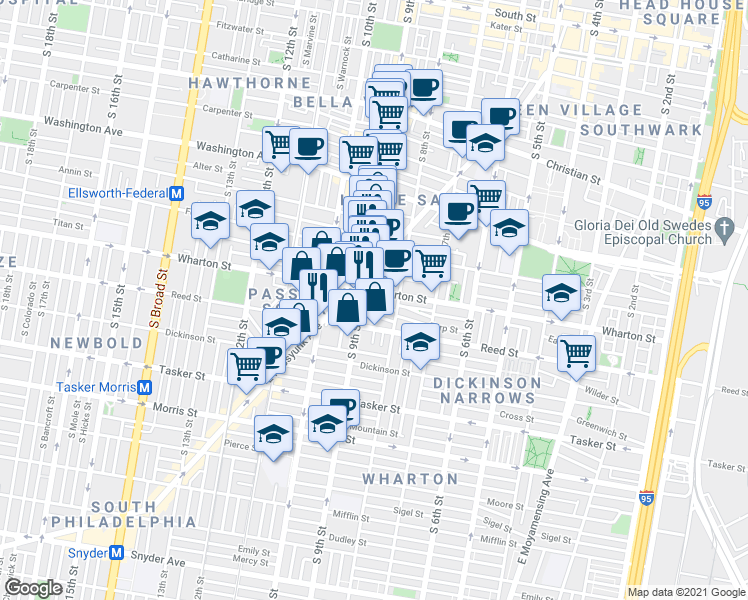 map of restaurants, bars, coffee shops, grocery stores, and more near 833 Sears Street in Philadelphia