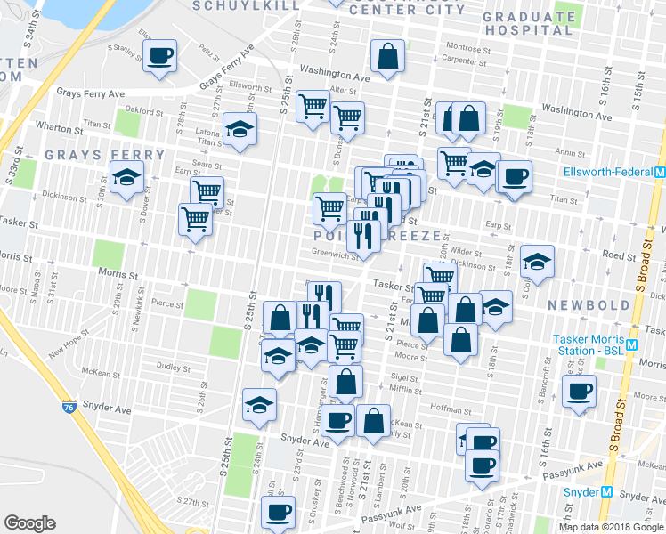 map of restaurants, bars, coffee shops, grocery stores, and more near 2256 Cross Street in Philadelphia
