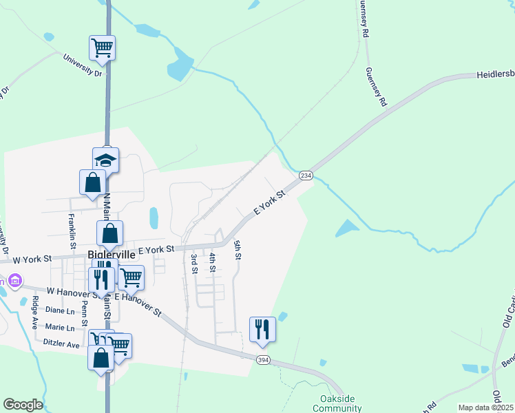 map of restaurants, bars, coffee shops, grocery stores, and more near 308 East York Street in Biglerville