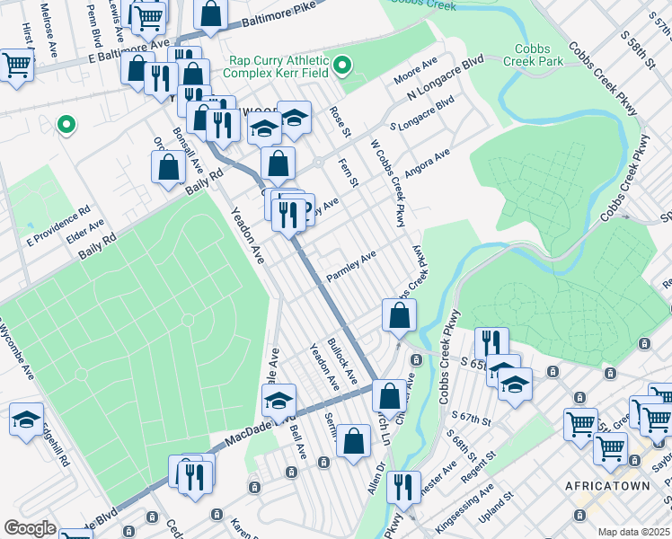 map of restaurants, bars, coffee shops, grocery stores, and more near 821 Parmley Avenue in Yeadon
