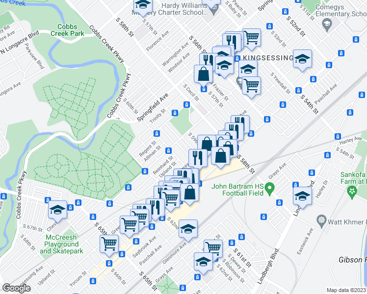 map of restaurants, bars, coffee shops, grocery stores, and more near 2021 South Salford Street in Philadelphia