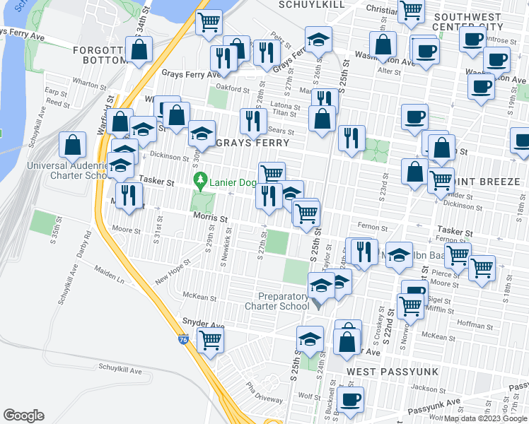 map of restaurants, bars, coffee shops, grocery stores, and more near 1622 South 27th Street in Philadelphia