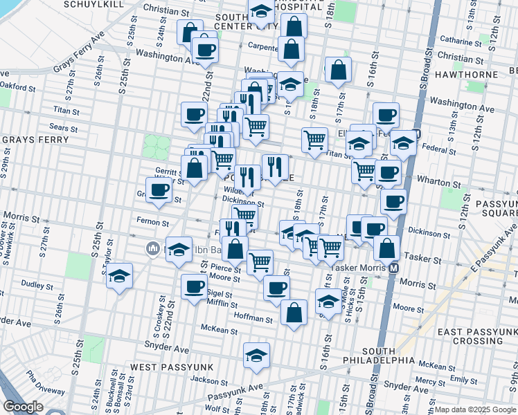 map of restaurants, bars, coffee shops, grocery stores, and more near 1918 Dickinson Street in Philadelphia