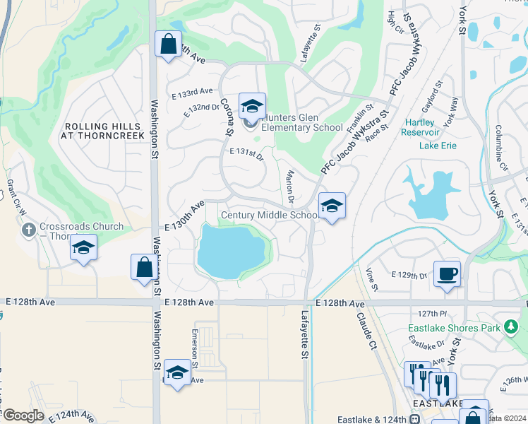 map of restaurants, bars, coffee shops, grocery stores, and more near 1146 East 130th Avenue in Thornton