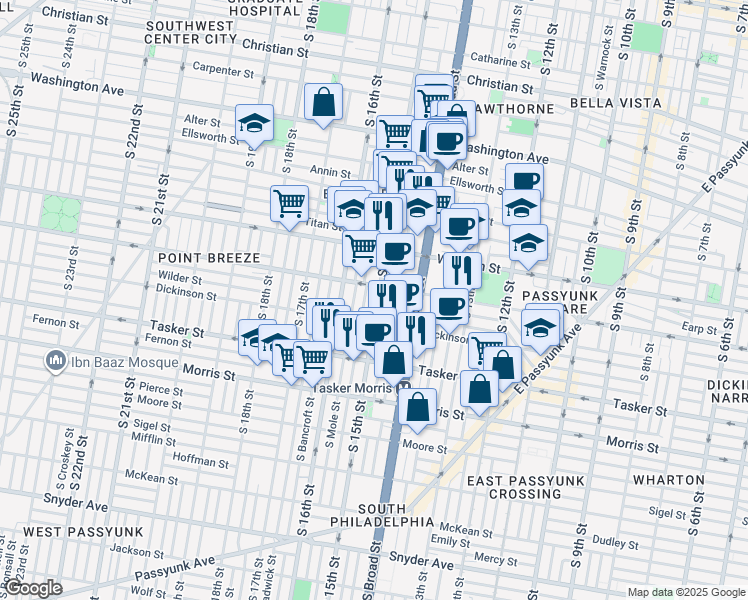 map of restaurants, bars, coffee shops, grocery stores, and more near 1403 South 15th Street in Philadelphia
