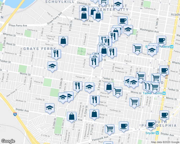 map of restaurants, bars, coffee shops, grocery stores, and more near 1514 South 22nd Street in Philadelphia