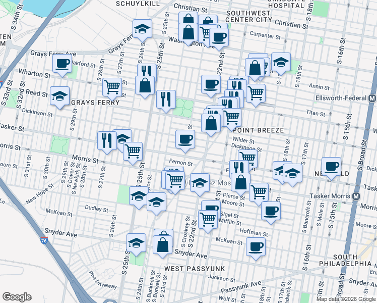 map of restaurants, bars, coffee shops, grocery stores, and more near 2300 Greenwich Street in Philadelphia