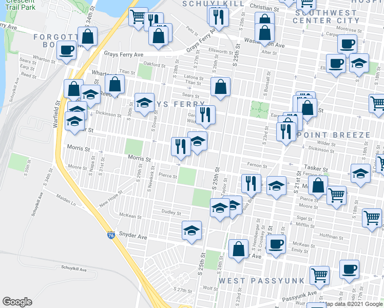 map of restaurants, bars, coffee shops, grocery stores, and more near in Philadelphia