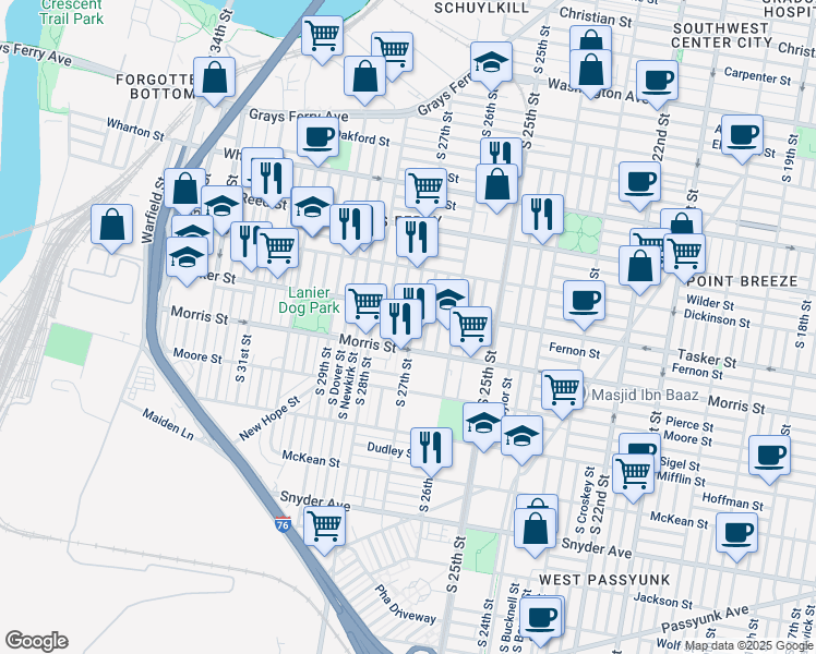map of restaurants, bars, coffee shops, grocery stores, and more near 1622 South 27th Street in Philadelphia
