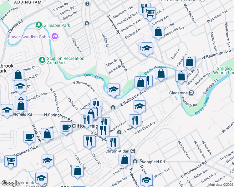 map of restaurants, bars, coffee shops, grocery stores, and more near 4000 Bridge Street in Drexel Hill
