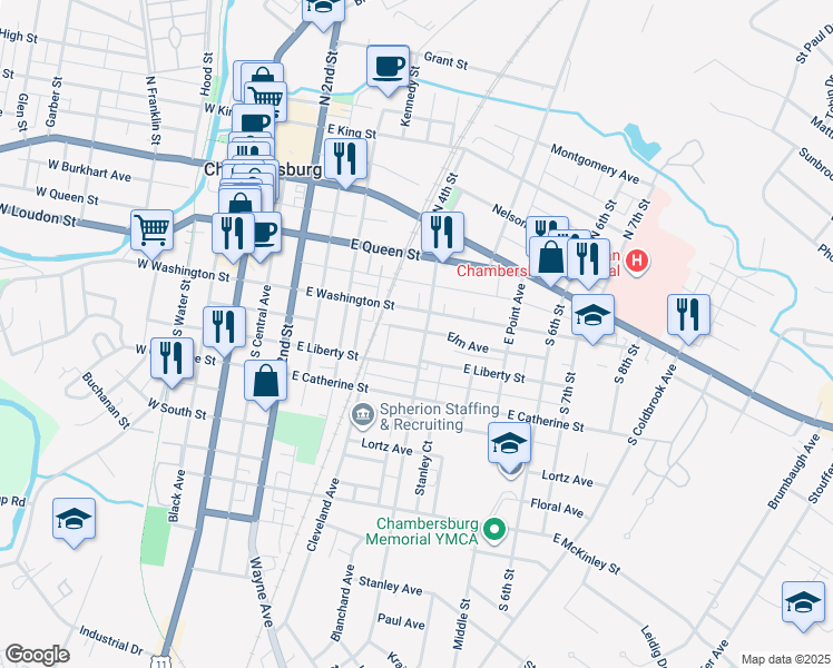map of restaurants, bars, coffee shops, grocery stores, and more near 390 East Washington Street in Chambersburg