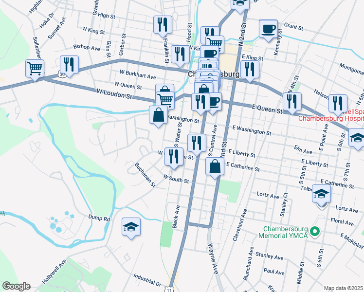 map of restaurants, bars, coffee shops, grocery stores, and more near 76 West Liberty Street in Chambersburg