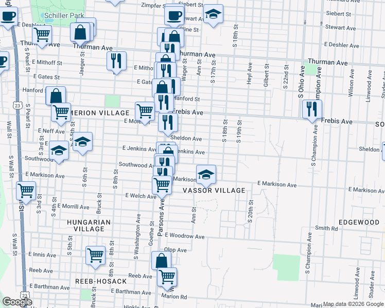 map of restaurants, bars, coffee shops, grocery stores, and more near 528 East Jenkins Avenue in Columbus