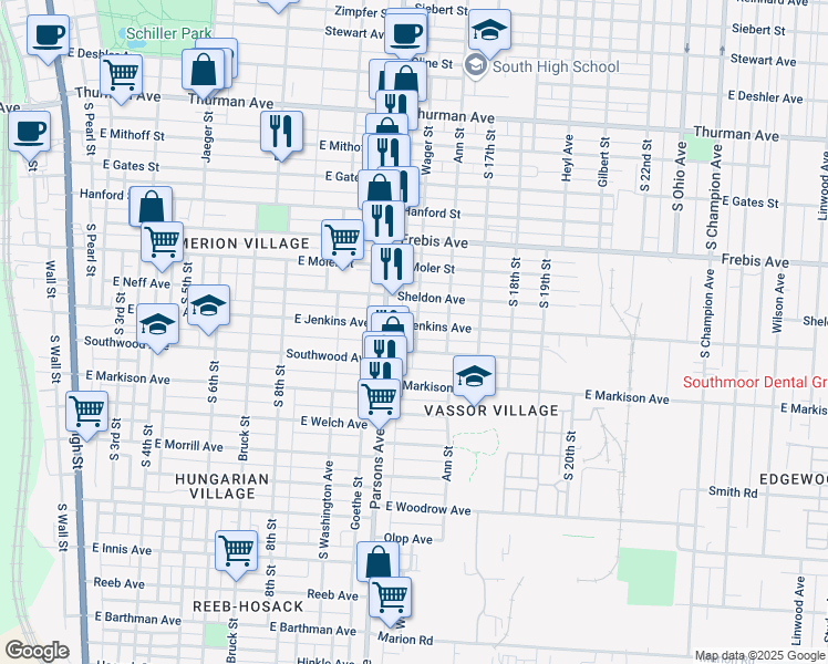 map of restaurants, bars, coffee shops, grocery stores, and more near 478 East Jenkins Avenue in Columbus