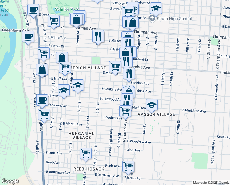 map of restaurants, bars, coffee shops, grocery stores, and more near 367 East Jenkins Avenue in Columbus
