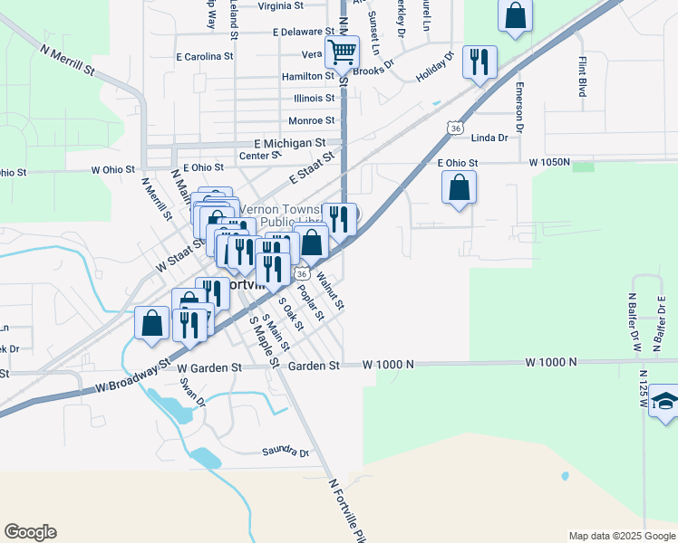 map of restaurants, bars, coffee shops, grocery stores, and more near 426 East Broadway Street in Fortville