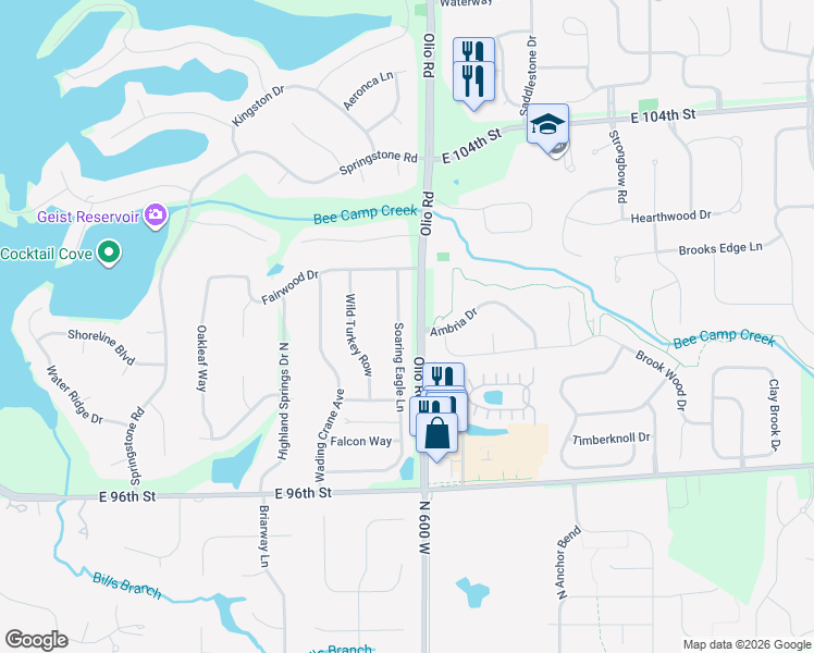 map of restaurants, bars, coffee shops, grocery stores, and more near 9950 Soaring Eagle Lane in McCordsville