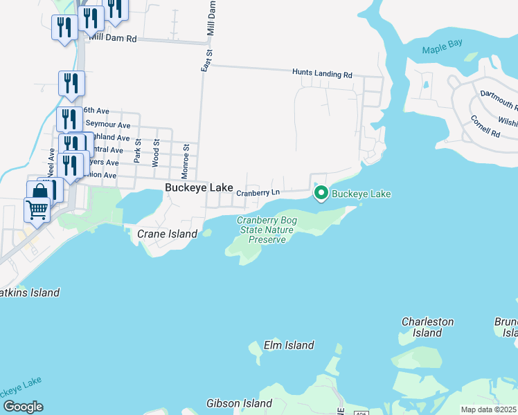 map of restaurants, bars, coffee shops, grocery stores, and more near 12 Beacon Light Lane in Buckeye Lake