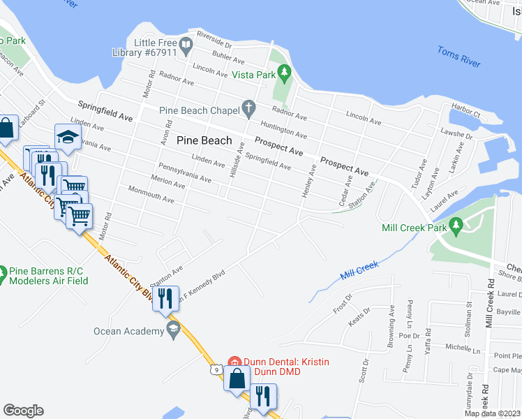 map of restaurants, bars, coffee shops, grocery stores, and more near 85 Midland Avenue in Pine Beach