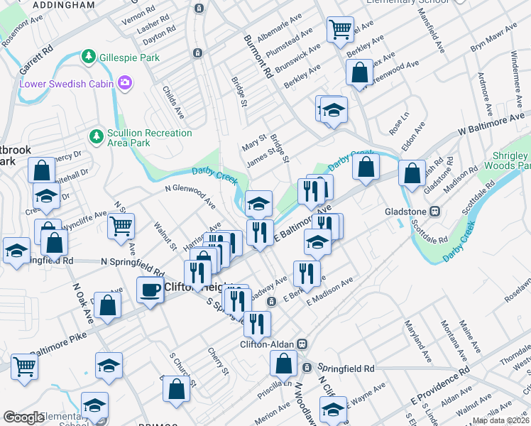 map of restaurants, bars, coffee shops, grocery stores, and more near 4000 Bridge Street in Drexel Hill