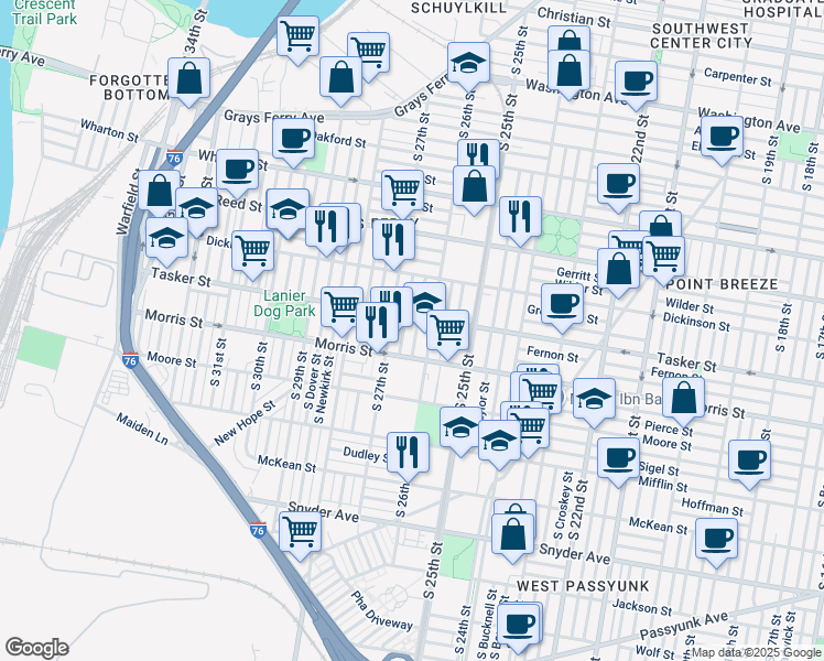 map of restaurants, bars, coffee shops, grocery stores, and more near 1616 South Bailey Street in Philadelphia
