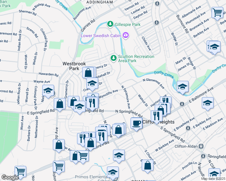 map of restaurants, bars, coffee shops, grocery stores, and more near 7 West Wyncliffe Avenue in Clifton Heights