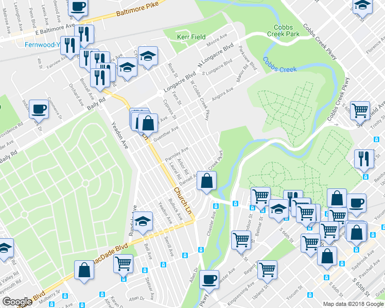 map of restaurants, bars, coffee shops, grocery stores, and more near 808 Cypress Street in Yeadon