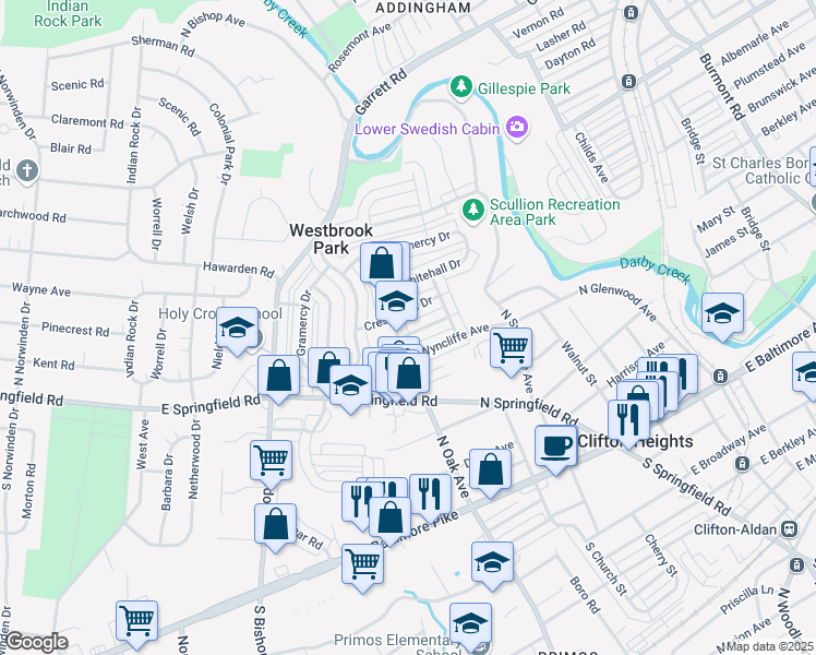 map of restaurants, bars, coffee shops, grocery stores, and more near 271 Woodbridge Road in Clifton Heights