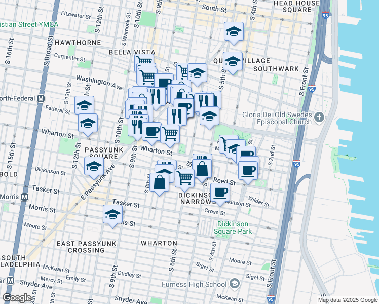 map of restaurants, bars, coffee shops, grocery stores, and more near 1238 South 6th Street in Philadelphia