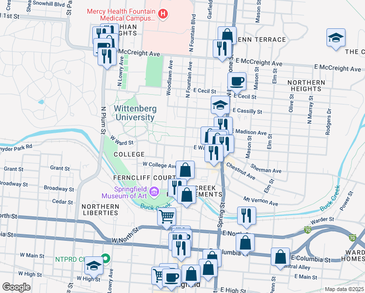 map of restaurants, bars, coffee shops, grocery stores, and more near 10 West Ward Street in Springfield