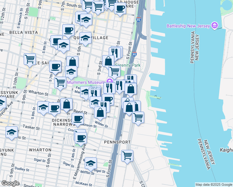 map of restaurants, bars, coffee shops, grocery stores, and more near 119 Federal Street in Philadelphia