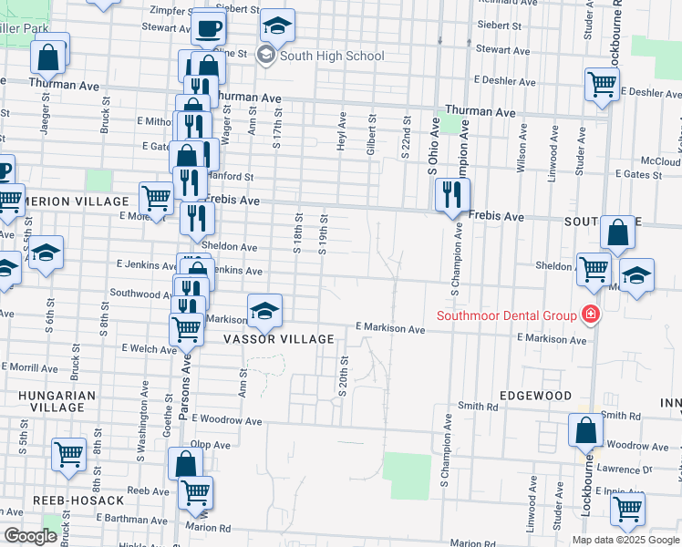 map of restaurants, bars, coffee shops, grocery stores, and more near 674 East Jenkins Avenue in Columbus