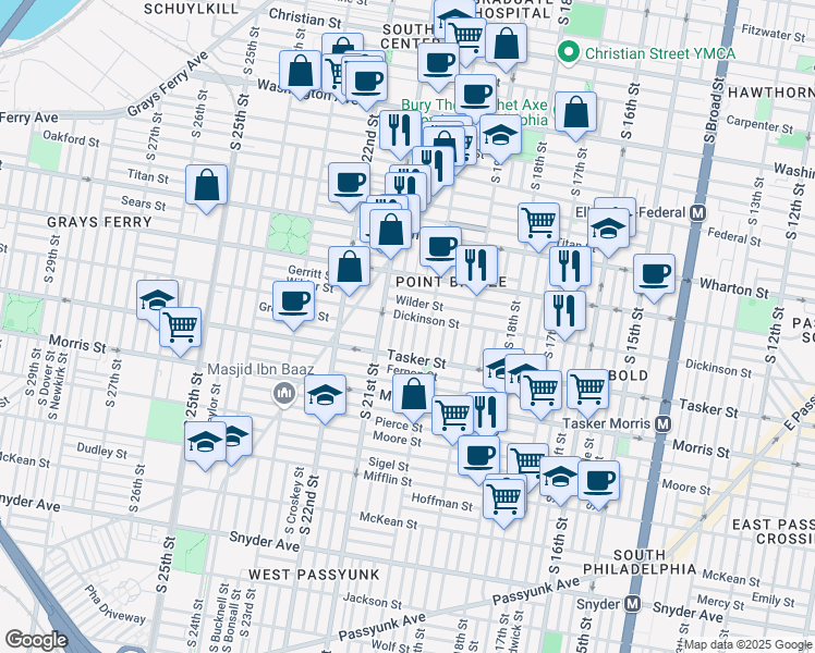 map of restaurants, bars, coffee shops, grocery stores, and more near 1513 South Capitol Street in Philadelphia