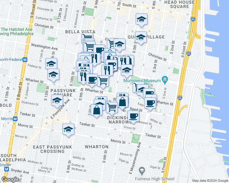 map of restaurants, bars, coffee shops, grocery stores, and more near 1238 South 6th Street in Philadelphia