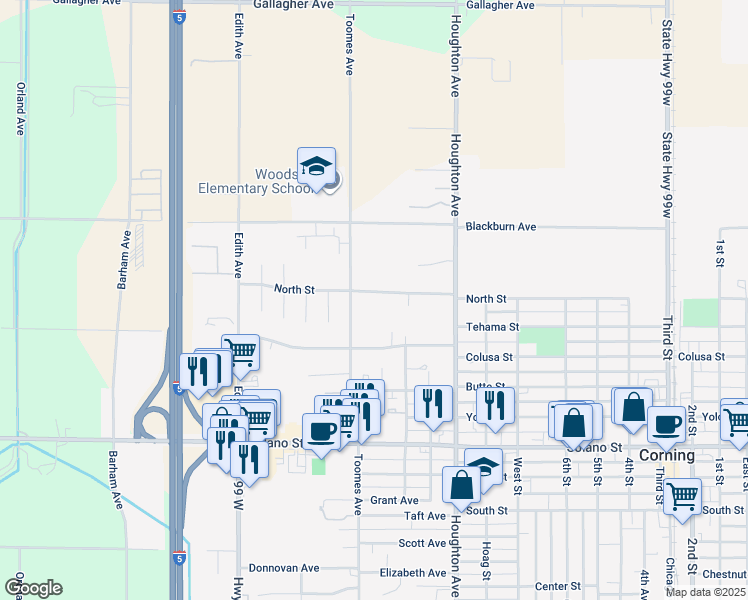 map of restaurants, bars, coffee shops, grocery stores, and more near 1961 North Street in Corning
