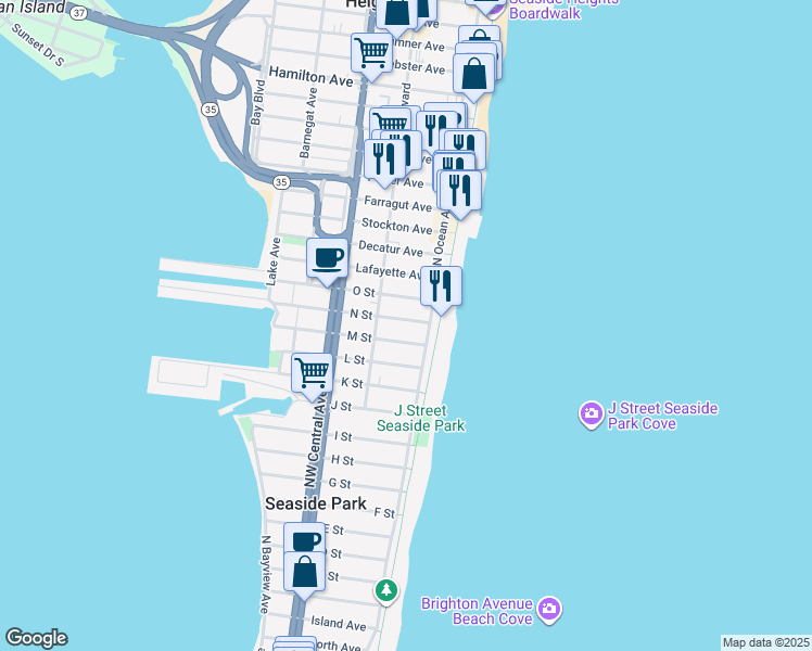 map of restaurants, bars, coffee shops, grocery stores, and more near 32 N Street in Seaside Park