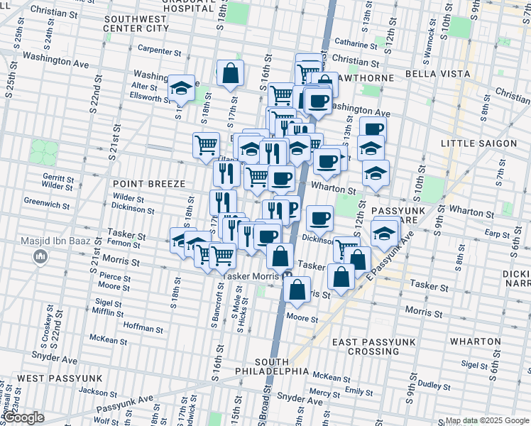 map of restaurants, bars, coffee shops, grocery stores, and more near 1416 South 15th Street in Philadelphia