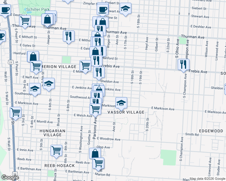 map of restaurants, bars, coffee shops, grocery stores, and more near 528 East Jenkins Avenue in Columbus
