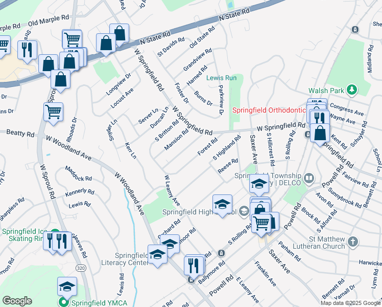 map of restaurants, bars, coffee shops, grocery stores, and more near 70 Forest Road in Springfield