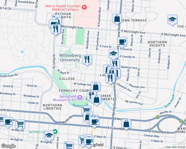 map of restaurants, bars, coffee shops, grocery stores, and more near 10 West Ward Street in Springfield