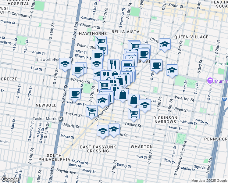 map of restaurants, bars, coffee shops, grocery stores, and more near 1320 South 10th Street in Philadelphia