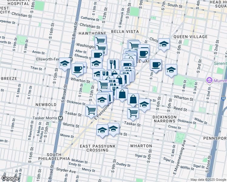 map of restaurants, bars, coffee shops, grocery stores, and more near 1320 South 10th Street in Philadelphia