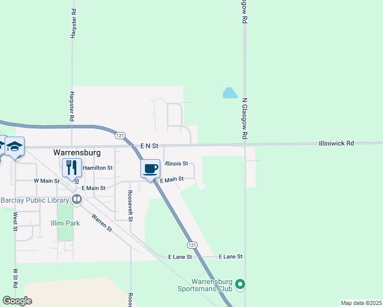 map of restaurants, bars, coffee shops, grocery stores, and more near 701-799 East North Street in Warrensburg