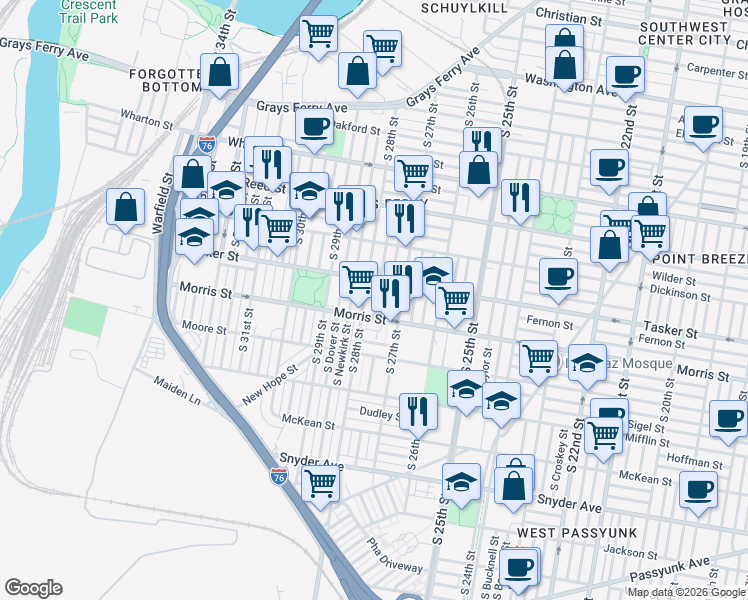 map of restaurants, bars, coffee shops, grocery stores, and more near in Philadelphia