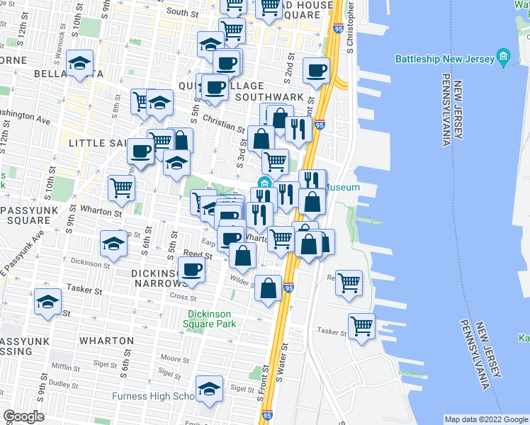 map of restaurants, bars, coffee shops, grocery stores, and more near S 2nd St & Federal St in Philadelphia