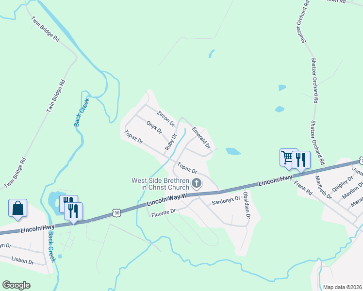 map of restaurants, bars, coffee shops, grocery stores, and more near 235 Opal Drive in Chambersburg